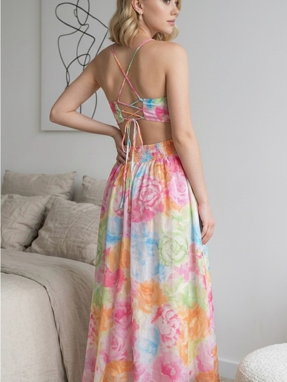 Lulus Pastel Floral Sheer Overlay Twist-Front Tie Midi NWT Dress-S
